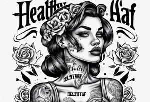 Strong tattooed woman with the words healthyAF underneath her in old school font tattoo idea