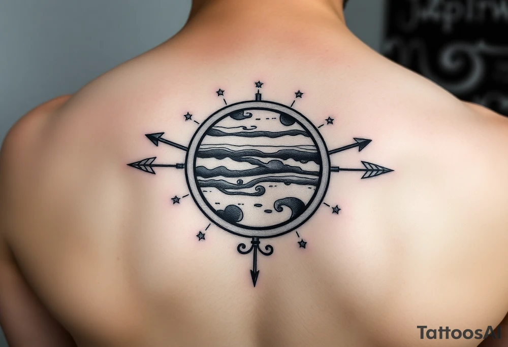 Jupiter with rings tattoo with tiny stars add sagittarius bow and arrow and the zodiac sign of fire tattoo idea