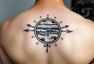 Jupiter with rings tattoo with tiny stars add sagittarius bow and arrow and the zodiac sign of fire tattoo idea