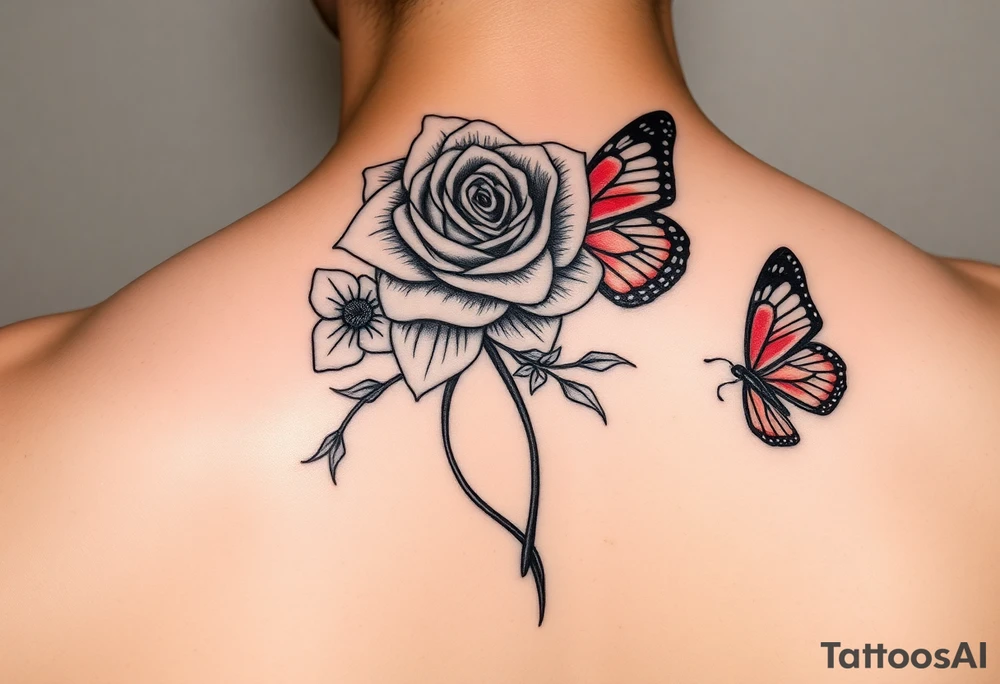 Rose and daffodil with 2 red butterflies one larger than other female tattoo on shoulder/chest tattoo idea