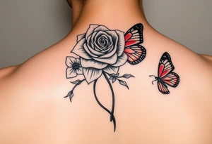 Rose and daffodil with 2 red butterflies one larger than other female tattoo on shoulder/chest tattoo idea