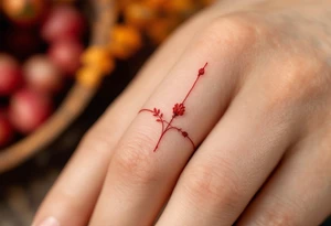 A tiny, delicate red finger band tattoo idea