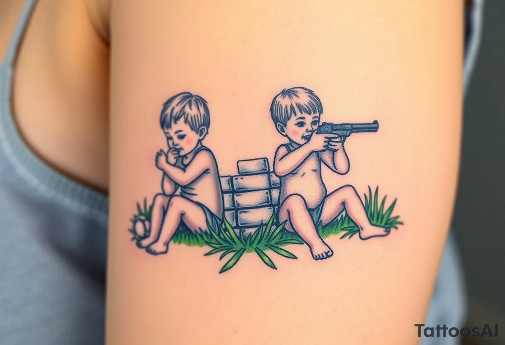 Due bambini, in stile realistico, colorato, seduti sull'erba, divisi da un muro di mattoni, uno piange mentre gioca con la palla, l'altro ride mentre si spara in bocca con la pistola dentro la bocca tattoo idea