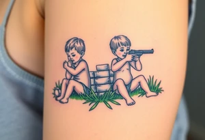 Due bambini, in stile realistico, colorato, seduti sull'erba, divisi da un muro di mattoni, uno piange mentre gioca con la palla, l'altro ride mentre si spara in bocca con la pistola dentro la bocca tattoo idea