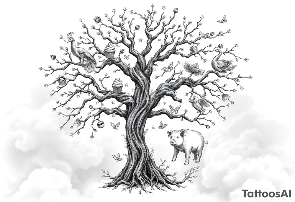 mystical tree  with cosmic  branches fat naked sexy woman , peacock , pig , cupcakes, sins,  Storm clouds, pig, peacock , fat sexy naked fat woman, cupcakes, noose , money, goat lion, man sex toys pussy dicks, cigerette storm lightening, killing, darkness death, violent majestic creatures and tattoo idea
