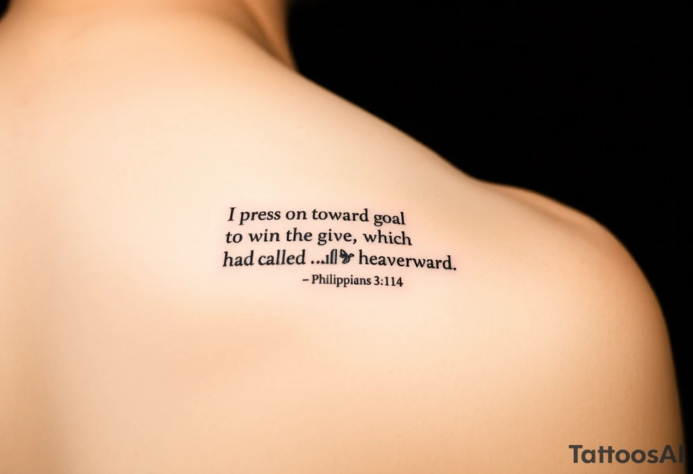 Minimalist tattoo on inner bicep. Mostly text of Philippians 3:14: I press on toward the goal to win the prize for which God has called me heavenward in Christ Jesus. Some design element tattoo idea