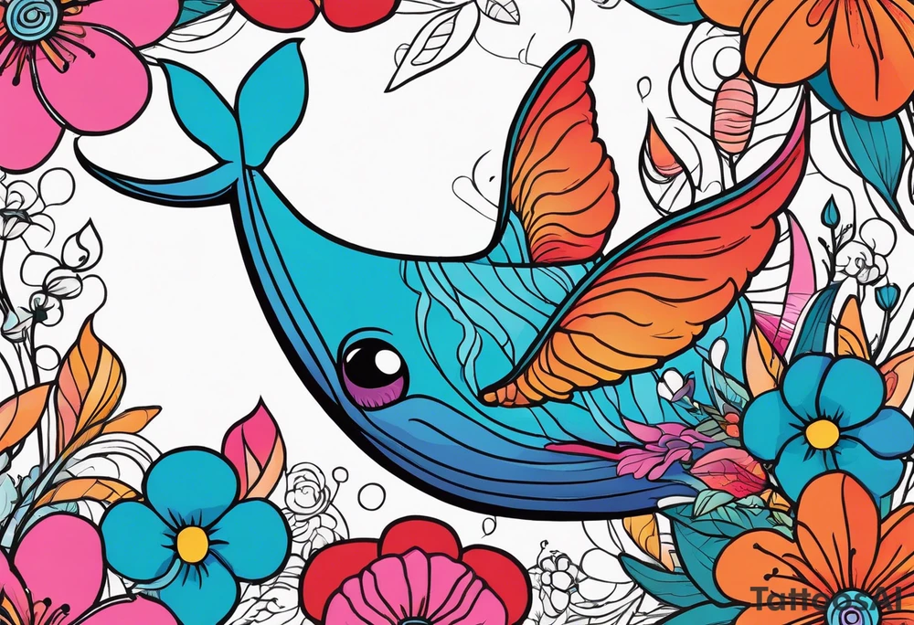 Small whale, hummingbird, face, flowers, bold color, collage, pink, orange, red, hot air balloon tattoo idea