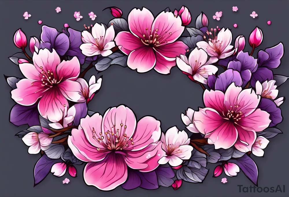 Flower wreath cherry blossoms lots of pinks and purples tattoo idea