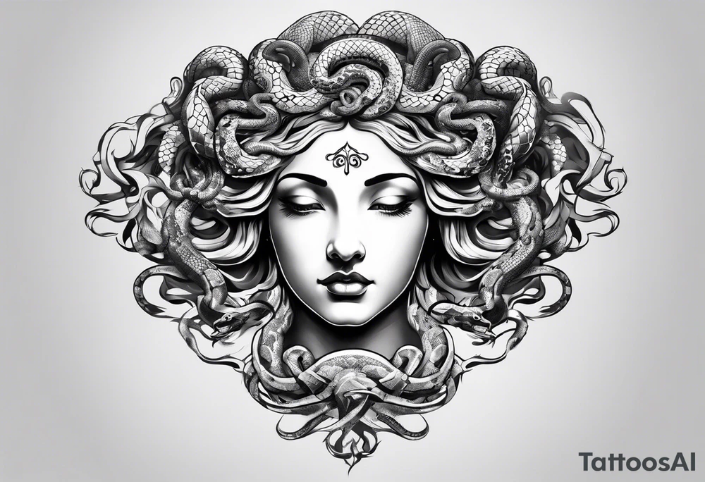 arm tattoo of Medusa head statue with snakes for hair tattoo idea