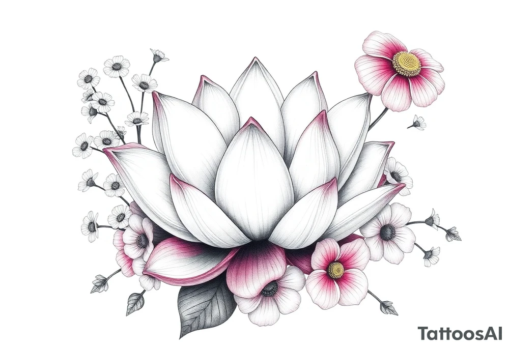 Lotus flower surrounded by forget me nots and peonies tattoo idea