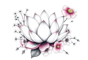 Lotus flower surrounded by forget me nots and peonies tattoo idea