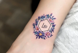 Small Feminine simple Dotted Line hexagon with Leo astrological symbol surrounded by larkspurs and water lilies tattoo idea