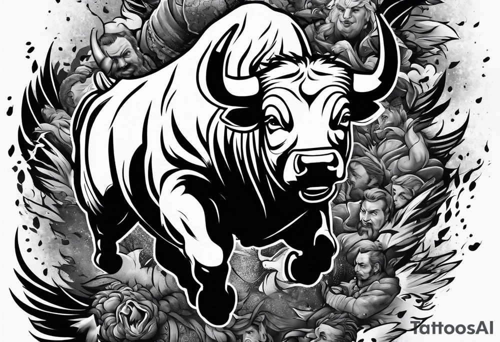 raging bull busting through crowd tattoo idea