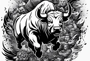 raging bull busting through crowd tattoo idea