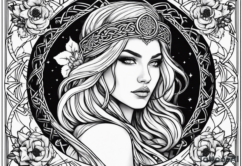 Viking goddess, axes, moonlight, flowers, Celtic, bedroom eyes, circular border tattoo idea