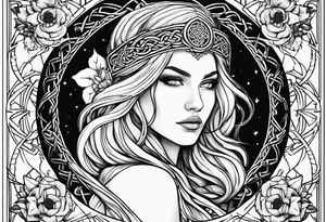 Viking goddess, axes, moonlight, flowers, Celtic, bedroom eyes, circular border tattoo idea