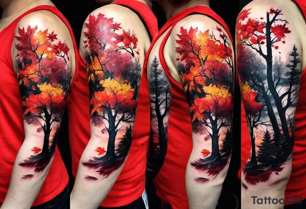 trash polka style. Arm tattoo. chest tattoo. Long tattoo. large tattoo. Full sleeve. Shoulder. A single large maple tree with red autumn leaves that branches upwards from wrist to shoulder. White-throated dipper bird on the trees branches. Calluna flowers at the base of the trees stem. Red/yellow sunset behind the trees stem. Leaves falling. tattoo idea