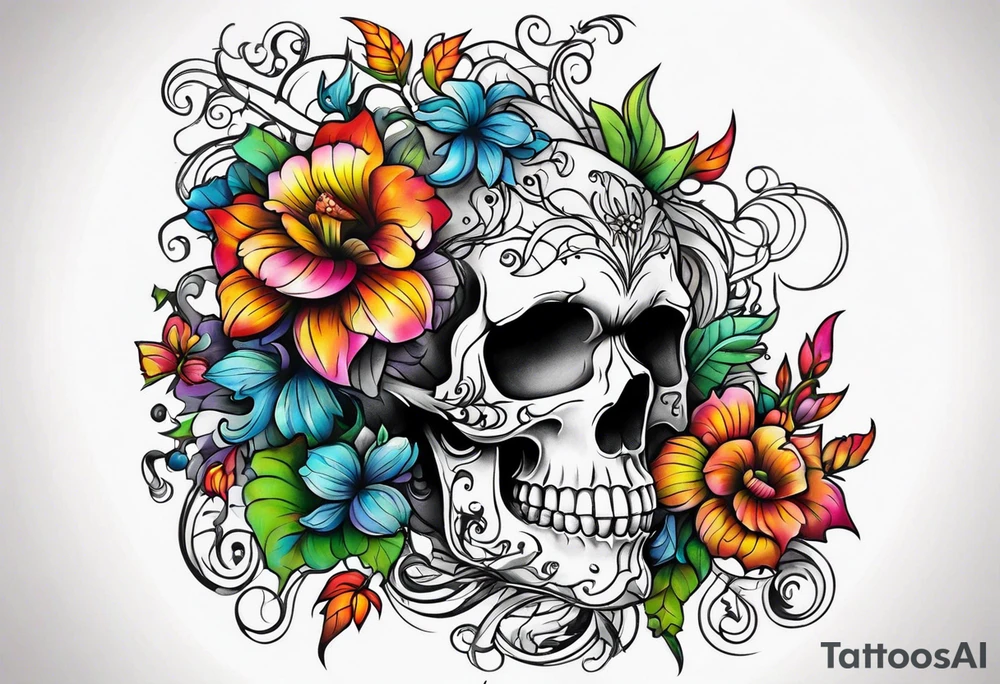 a skull with vines and flowers growing out of it tattoo idea