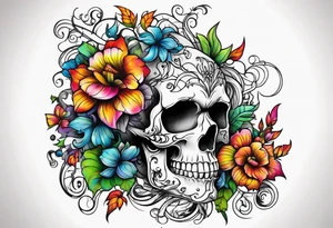 a skull with vines and flowers growing out of it tattoo idea