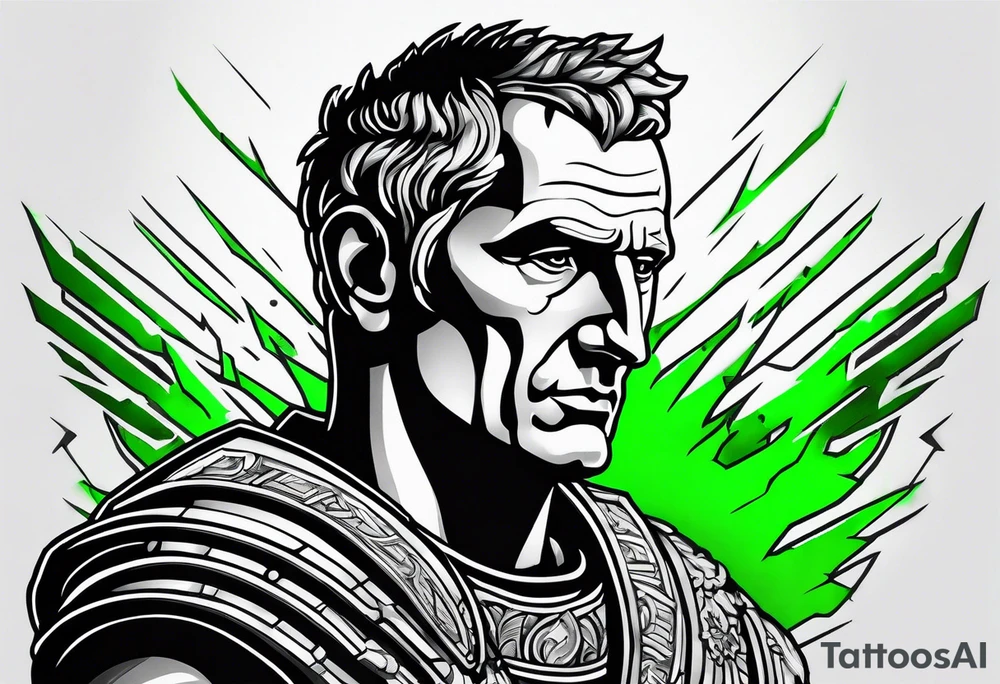 Julius Caesar tattoo with streaks of neon green lightning in the background tattoo idea