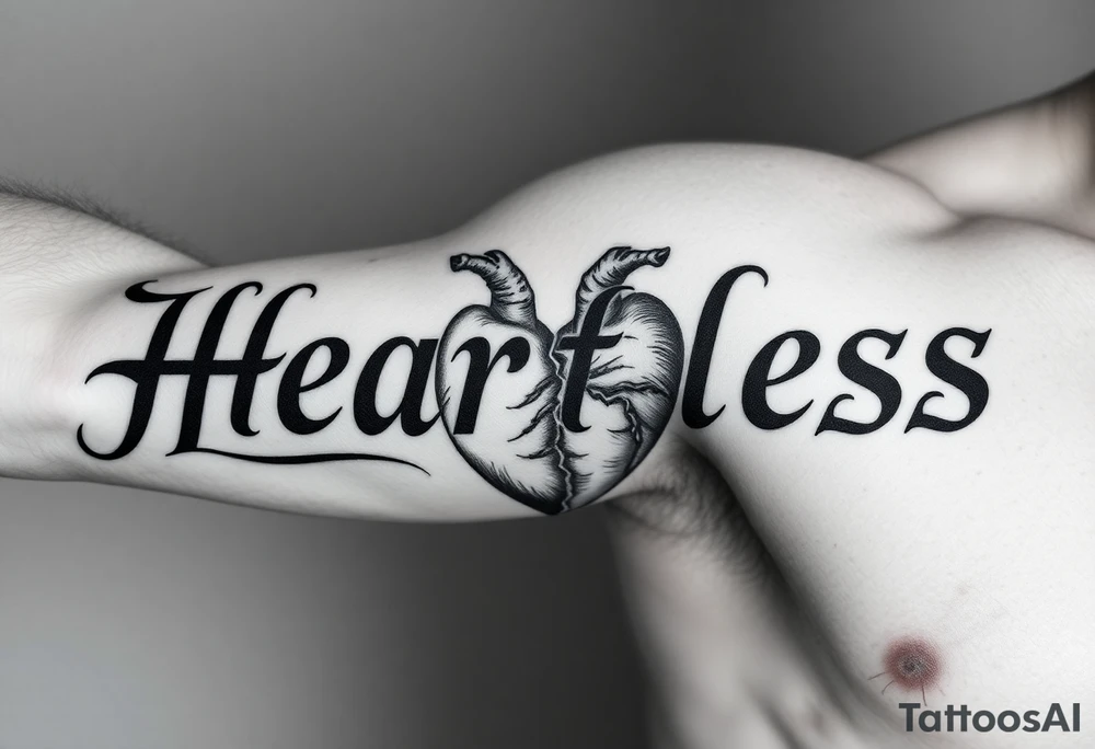 Heartless words written in majuscule with broken real heart design tattoo idea