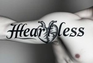Heartless words written in majuscule with broken real heart design tattoo idea