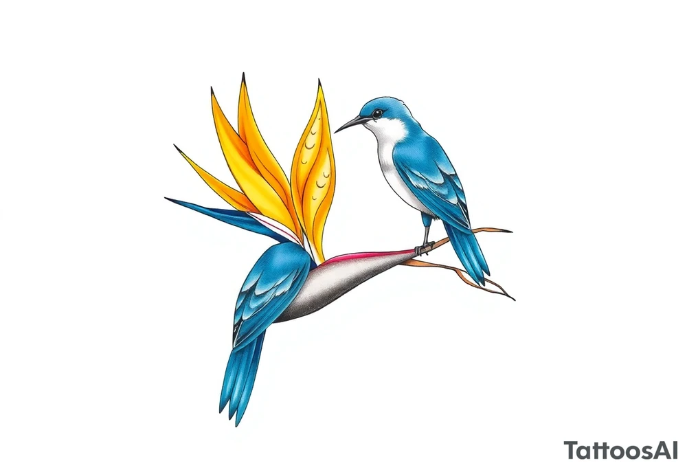 Bird of paradise flower with blue bird tattoo idea