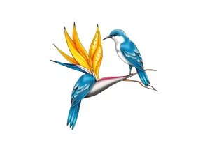 Bird of paradise flower with blue bird tattoo idea