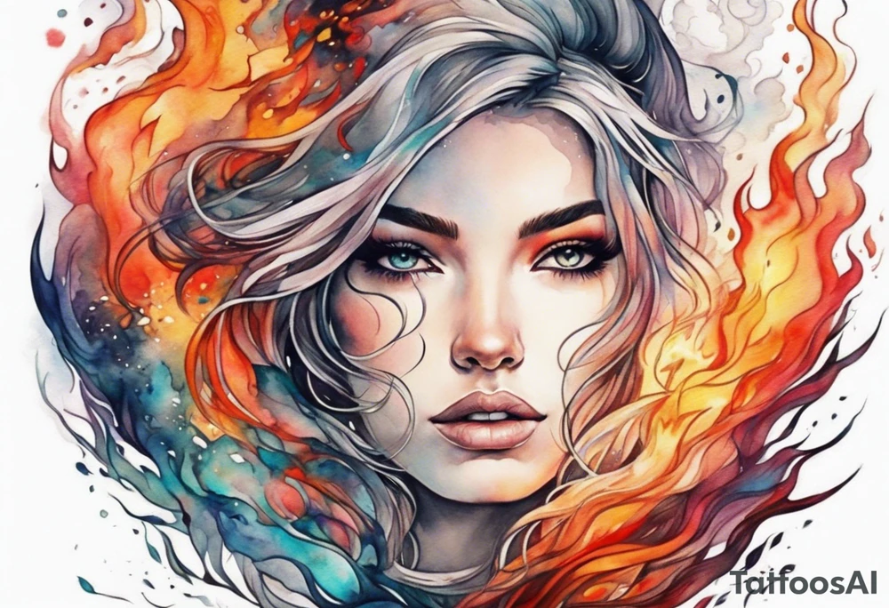 Resurrection strength and courage Beautiful Woman walking through fire and chaos to inner peace and self-love  ethereal tattoo idea