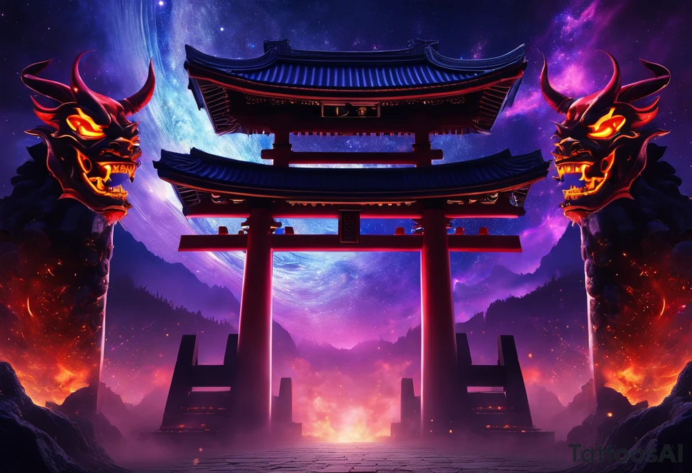torii gate in biomechanical style in background.

Dominant demonic figure, formidable face with royal king features, has a evil grin and a bit of open mouth with glimpse of devil fang teeth, similar to skull features, framed by deep-set glowing galaxy eyes, head has prominent purple deep blue flames (Not standalone horns) with intricate recognizable swirling galaxy shaped textures with fiery peacock blue green turquoise colour highlights. 

face has peacock feather texture. face is 85%, gate is 15%. tattoo idea