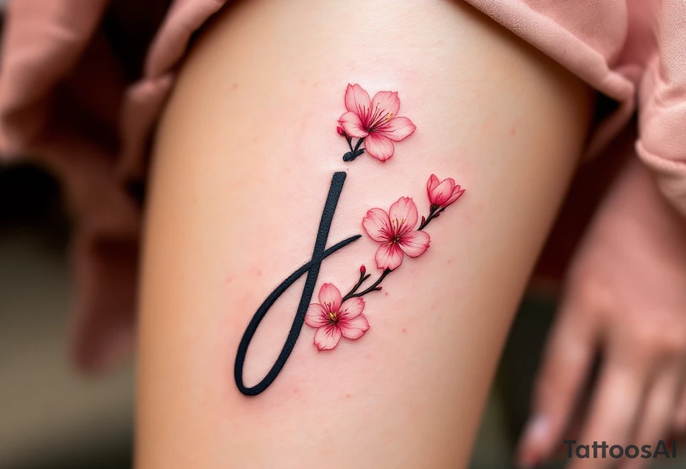 Classic script "J" in fine-line black ink, paired with a delicate pink cherry blossom. tattoo idea