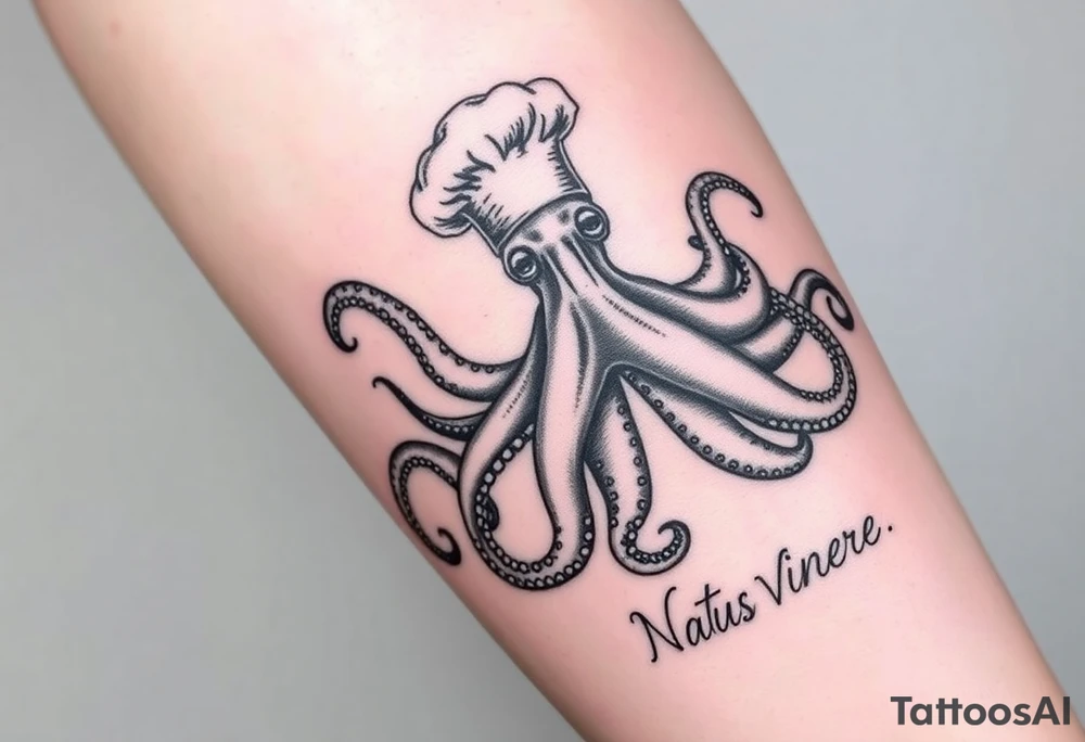 An octopus on the right calf with the Latin phrase Natus Vincere; the tattoo has to be very realistic and the octopus must be wearing a chef's hat. tattoo idea
