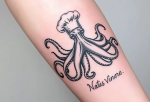 An octopus on the right calf with the Latin phrase Natus Vincere; the tattoo has to be very realistic and the octopus must be wearing a chef's hat. tattoo idea