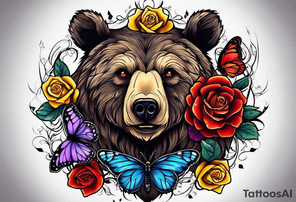 Bear under the tree of life with yellow, purple, and red colored roses and three butterflies for an upper arm tattoo. tattoo idea