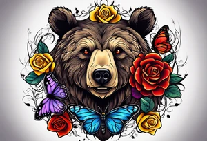 Bear under the tree of life with yellow, purple, and red colored roses and three butterflies for an upper arm tattoo. tattoo idea
