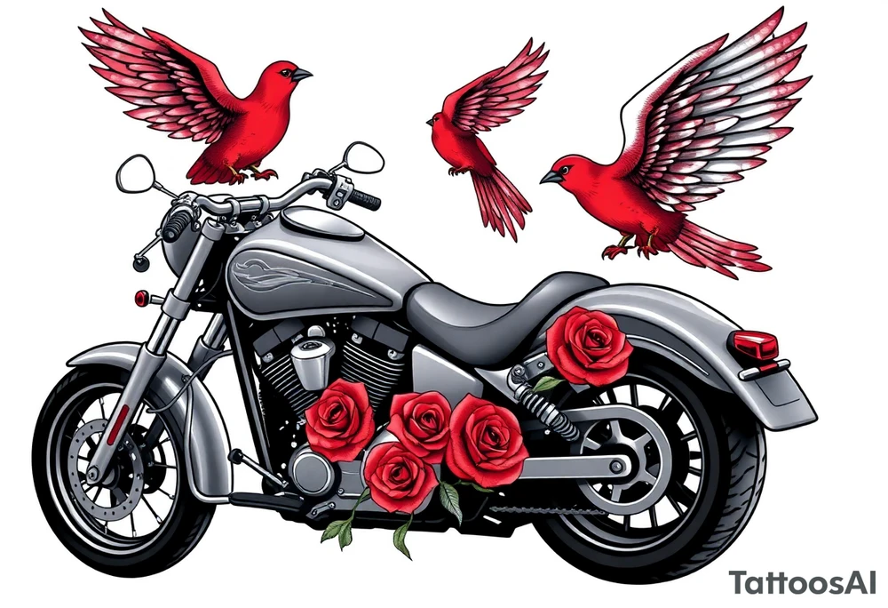 Harley grey motorcycle driving away, two red birds flying, roses, flames, angel wings tattoo idea