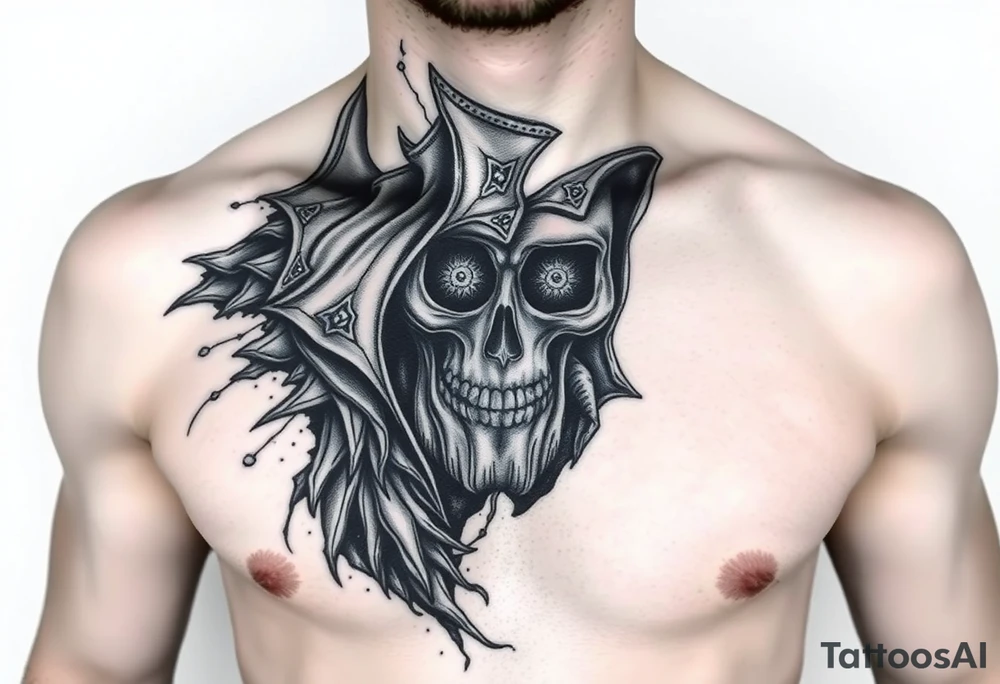 Un rostro masculino dividido en capas como una máscara que se rompe o se desvanece en viento o formas geométricas.

Dentro, se ve una calavera, un reloj o una brújula. tattoo idea