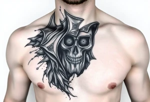 Un rostro masculino dividido en capas como una máscara que se rompe o se desvanece en viento o formas geométricas.

Dentro, se ve una calavera, un reloj o una brújula. tattoo idea