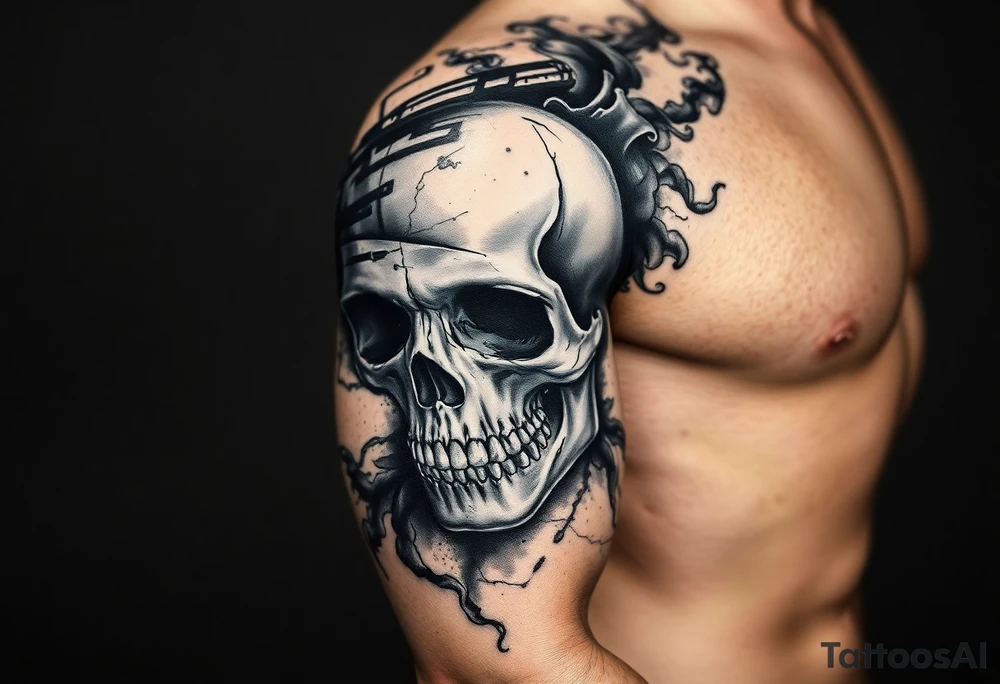 Abstract skull imagery blended into smoke and shadow, symbolizing fear used as a weapon, fragmented skull dissolving into mist, tactical darkness, psychological warfare theme, blackwork realism, dramatic contrast, tattoo design. tattoo idea