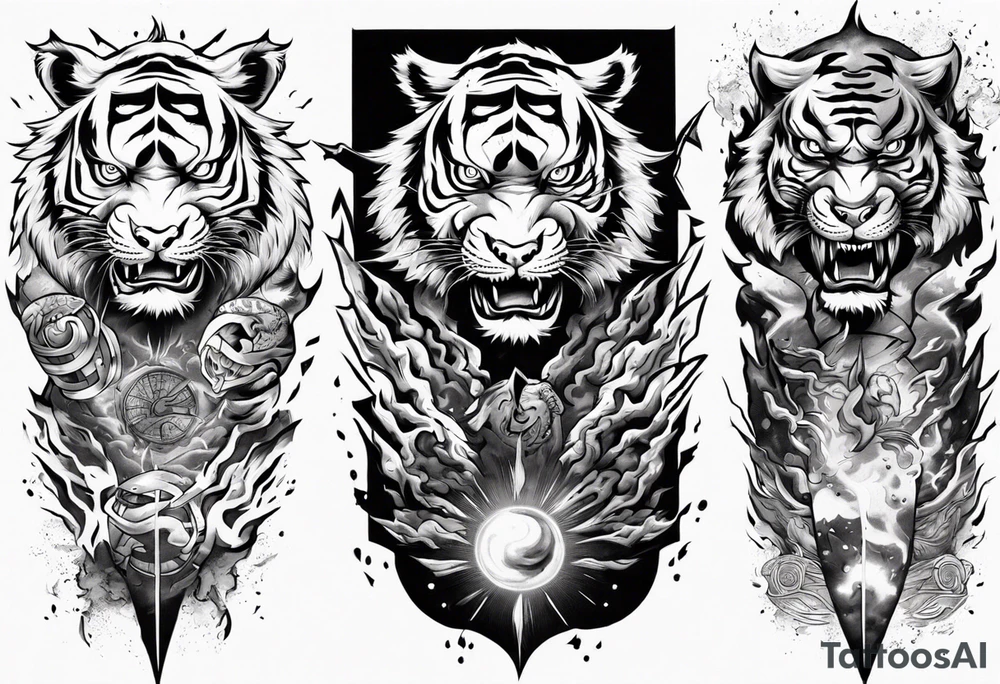 Tiger warrior with lightning and the sun for a forearm sleeve tattoo idea