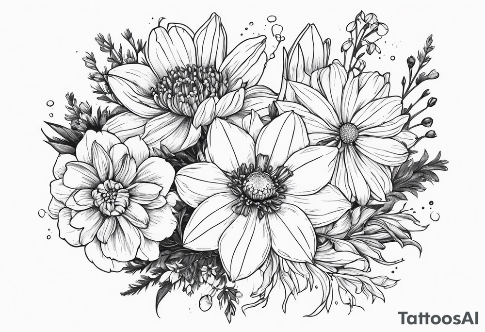 Narcissus, CHRYSANTHEMUM, COSMOS, SNOW DROP flowers in a bouquet tattoo idea