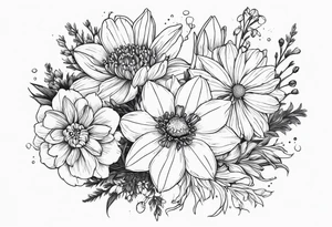 Narcissus, CHRYSANTHEMUM, COSMOS, SNOW DROP flowers in a bouquet tattoo idea