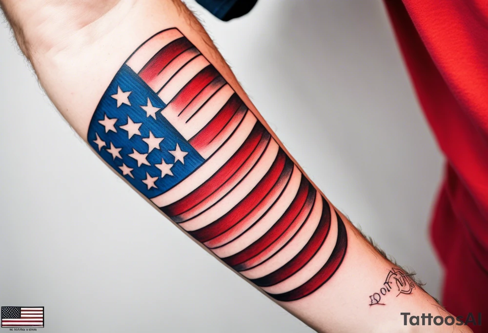 American patriotic forearm tattoo that includes the American flag, the phrase "Don't Tread on Me" tattoo idea