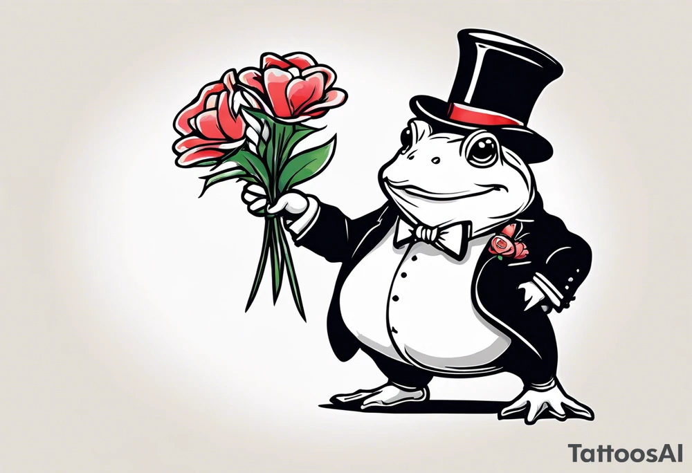 Cute toad standing on back legs  in a top hat and a formal suit holding flowers to go on a date tattoo idea