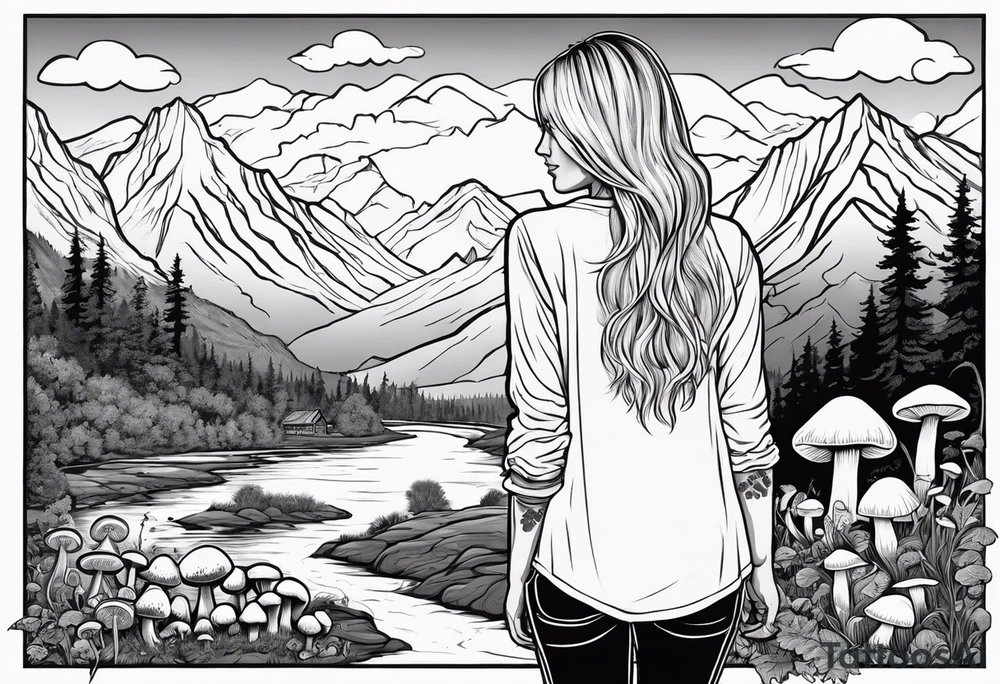 Whole picture encircled fully

Straight long blonde hair hippie girl in distance holding mushrooms in hand facing away toward mountains and creek surrounded by mushrooms long sleeve shirt and hiking pants; whole rendering within a full circle, no cut off circle tattoo idea