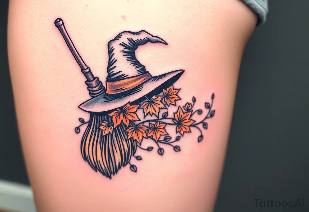 Which is broom with handle
 a witches hat with fall maple leaves and vines tattoo idea