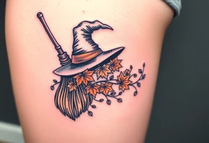 Which is broom with handle
 a witches hat with fall maple leaves and vines tattoo idea