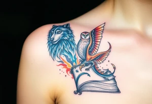 An open book with a werewolf, an owl & a dragon and a phoenix surrounding the book tattoo idea