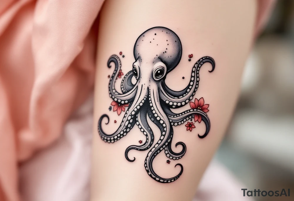A small realistic black and grey tattoo of an octopus, cute, with detailed shading and soft linework, showing the octopus with swirling tentacles, on light skin. ornamental flowers around with red ink. The style is minimalistic and elegant, resembling fine-line tattoo with a shadow tattoo idea