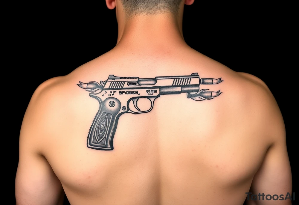 9mm gun with Egyptian detail on handle gun surrounded by flames and two bullets shooting out of gun tattoo idea